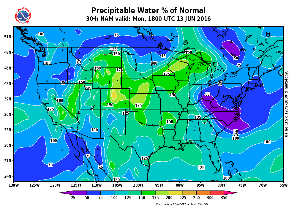 NAM model forecasted percent of normal precipitable water for this afternoon. May courtesy of the National Weather Service