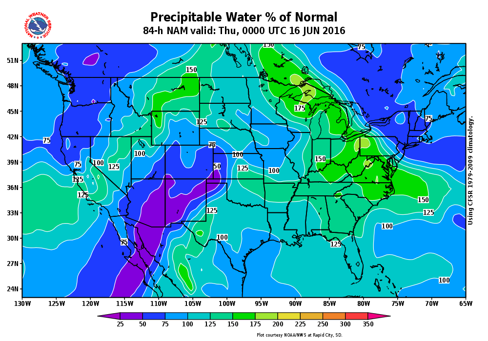 NAM model percent of normal precipitable water for Thursday