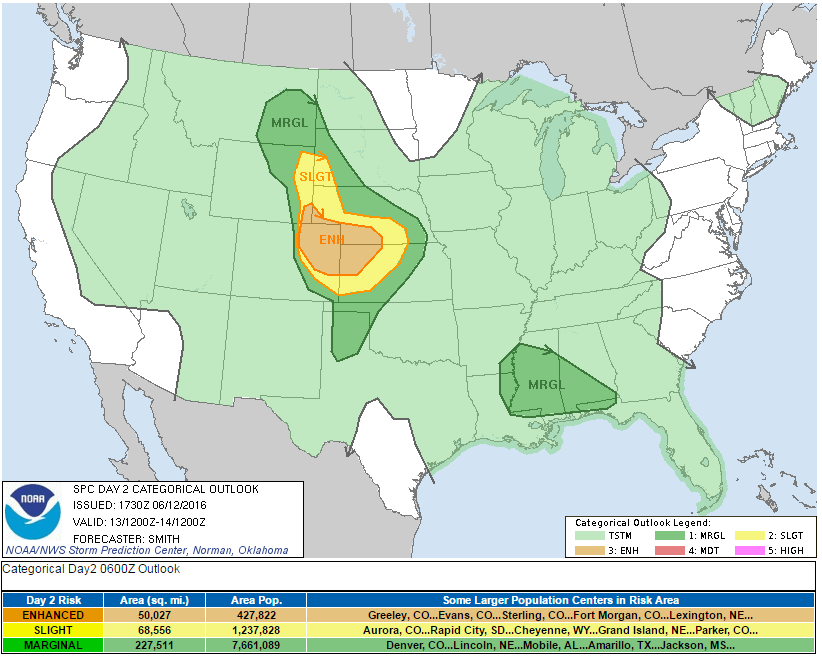 Storm Prediction Center Severe Outlook for today. Denver and the Foothills are in a slight risk of severe weather
