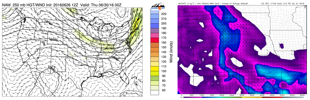 NAM 250 mb upper-level winds (left) and GFS convective instability (right) for Thu-Fri time frame