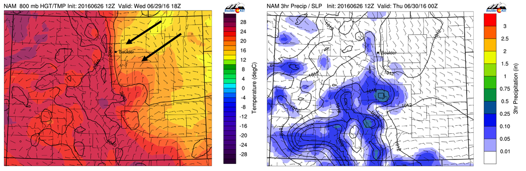 NAM 800 mb temperature (left) and 3-hourly precipitation (right) for Wednesday