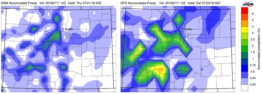 NAM accumulated precipitation (through Wed) and GFS accumulated precipitation (through Fri)