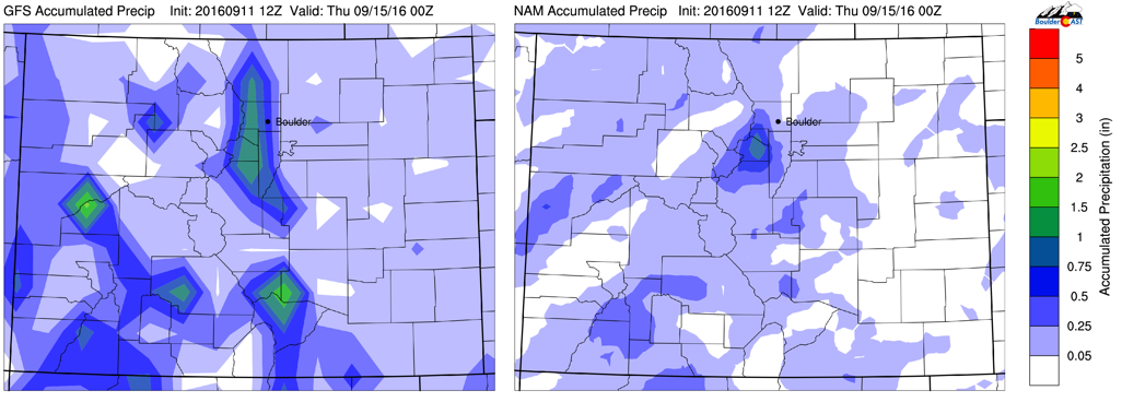 GFS (left) and NAM (right) accumulated precipitation through Wednesday